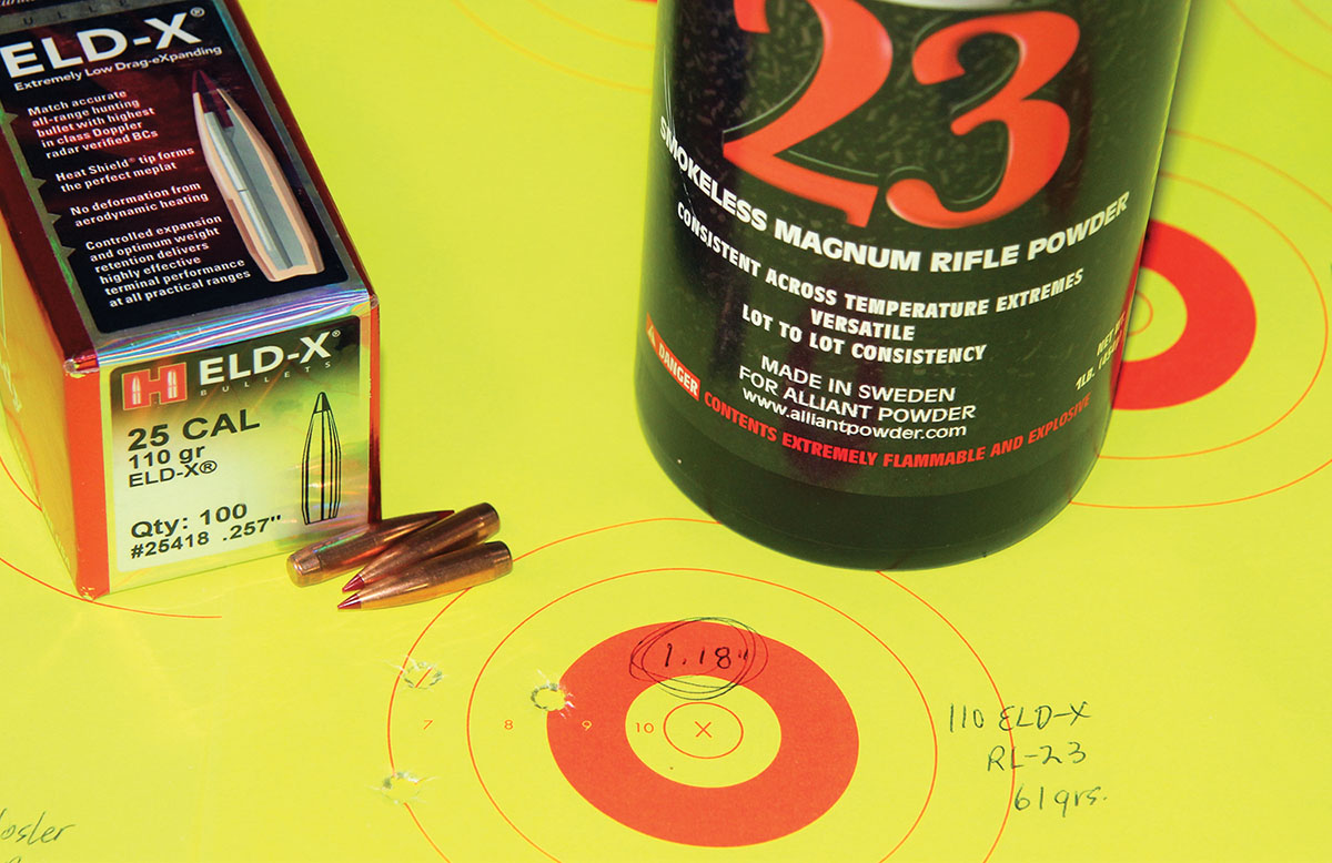 Hornady’s 110-grain ELD-X taxed the 257 Weatherby’s 1:10 twist rate, its best results included 61 grains of Alliant Reloder 23 and a velocity of 3,188 fps. The group measured 1.18 inches.